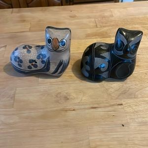 Two tonala cat figures one black one folk arty
